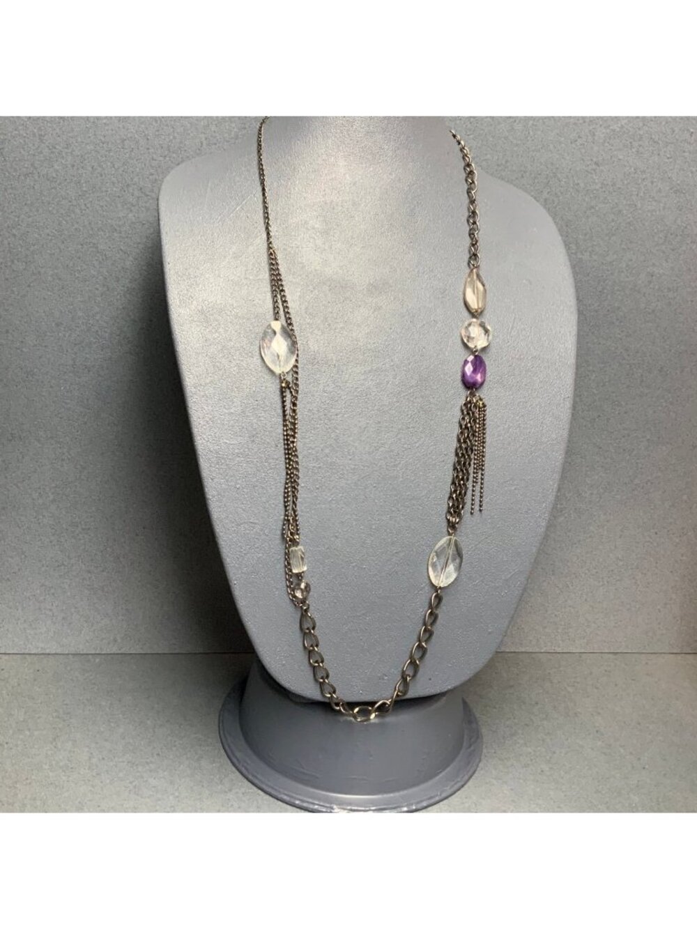 Long Necklace 30 In Gunmetal Silver Clear Purple Fringe Multi Strand Retro Glam